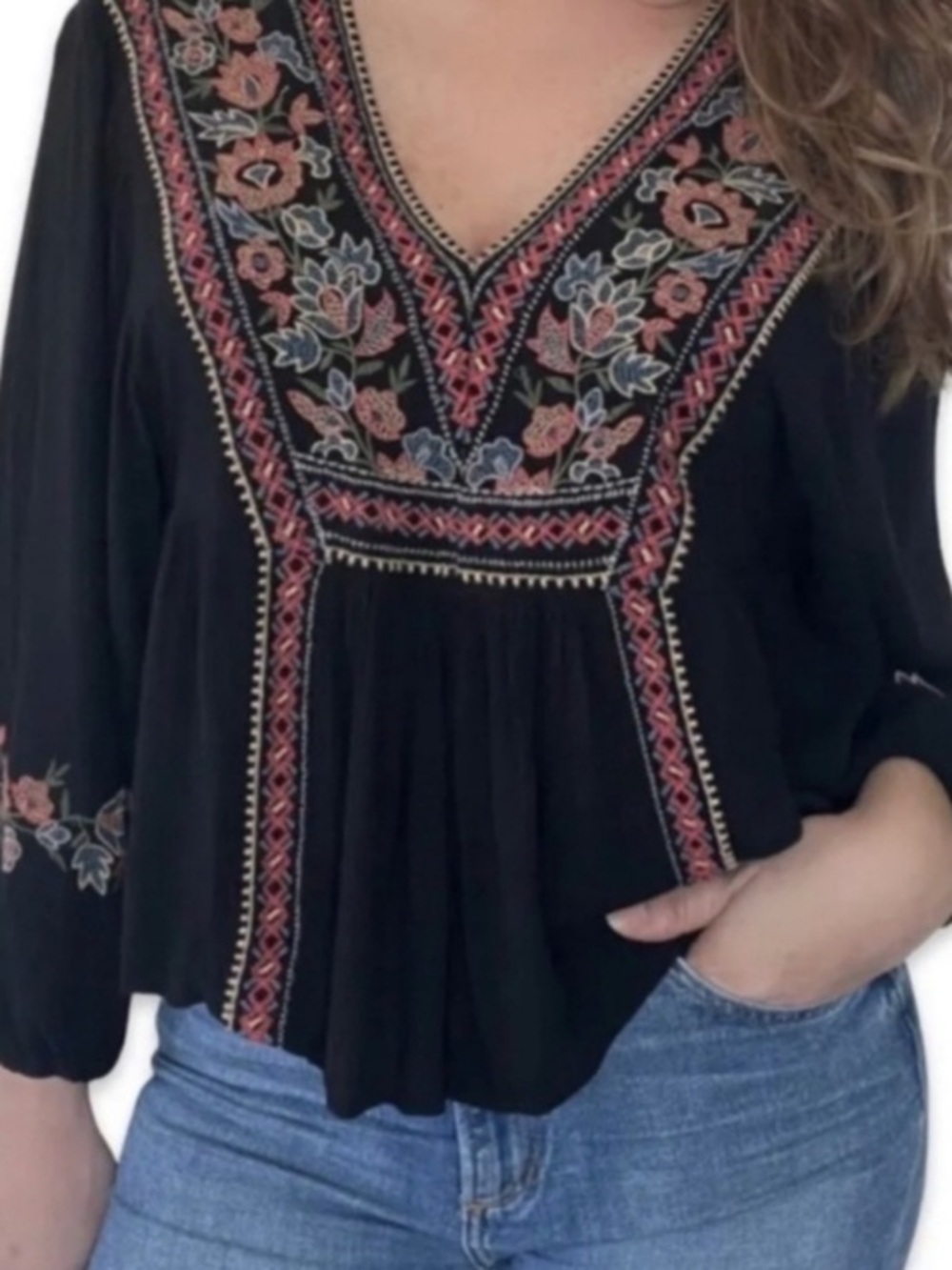 American Eagle Outfitters Black Embroidered V-Neck Boho Peasant Blouse size s